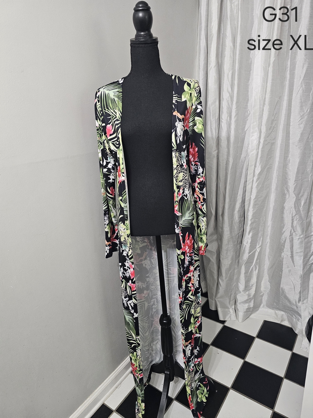 Long Floral Duster Cardigan - Black with Green + Pink Floral Print